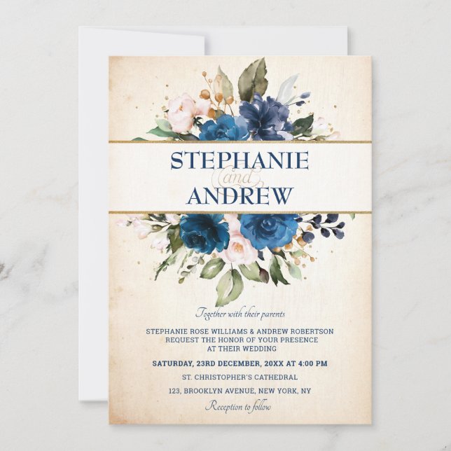 Invitation Rose bleu bleu bleu marine Floral Russe Mariage ca (Devant)