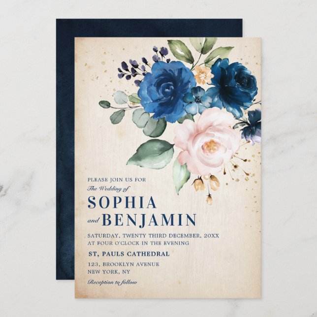 Invitation Rose bleu bleu bleu marine Floral Russe Mariage ca (Devant / Derrière)