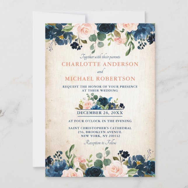 Invitation Rose bleu bleu bleu marine Floral Russe Mariage ca (Devant)