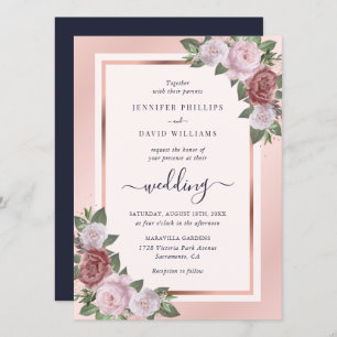 Invitation Rose bleu bleu marine Mariage floral or