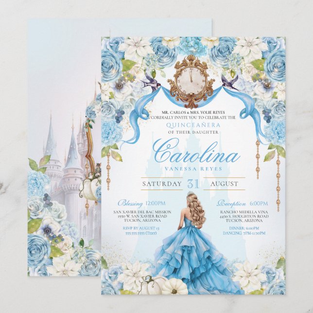 Invitation Rose bleu Cinderella Royal Princesse Quinceanera (Devant / Derrière)