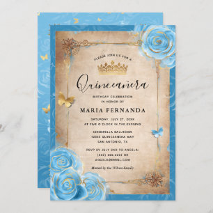 Invitation Rose bleu clair et or Elégant Quinceanera