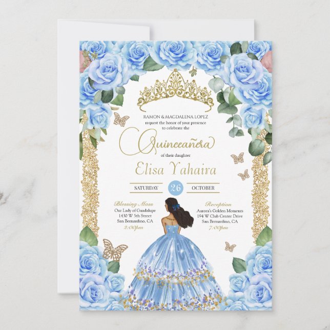 Invitation Rose bleu clair et papillon or Quinceañera (Devant)