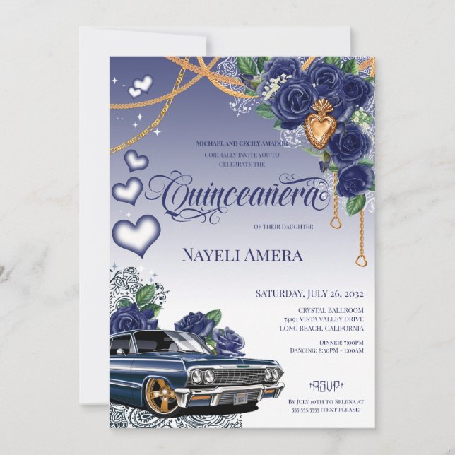 Invitation Rose Bleu Classique Bleu Lowrider Chola Quinceaner (Devant)