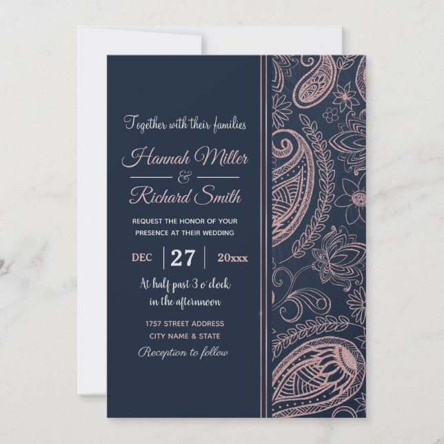 Invitation Rose bleu classique Parties scintillant or Paisley (Devant)