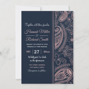 Invitation Rose bleu classique Parties scintillant or Paisley
