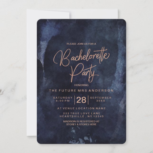 Invitation Rose bleu de la marine Gold Bachelorette Party Inv (Devant)