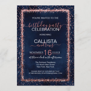 Invitation Rose bleu de la Marine or arrosé Confetti Annivers