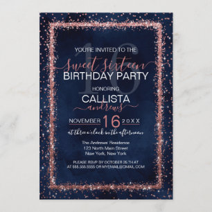 Invitation Rose bleu de la Marine or arrosé Confetti Sweet 16