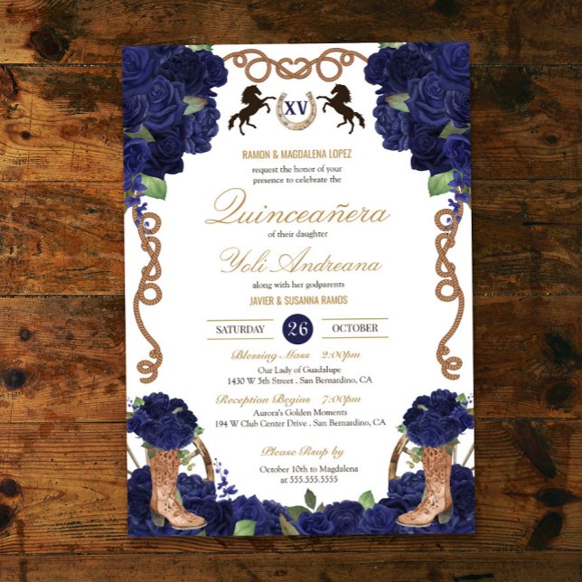 Invitation Rose bleu de la marine Western Charro Quinceañera (Créateur téléchargé)