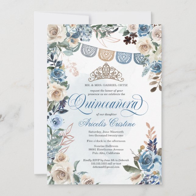 Invitation Rose bleu Dusty avec Tiara Country Quinceañera (Devant)