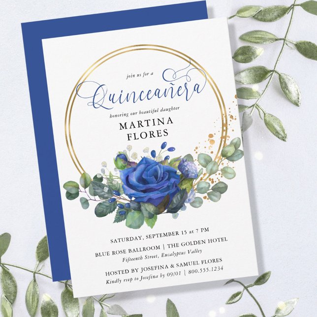 Invitation Rose bleu et Eucalyptus Elegant Quinceanera (Créateur téléchargé)