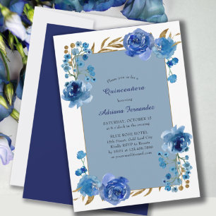 Invitation Rose bleu et feuille d'or Elégante Quinceanera flo
