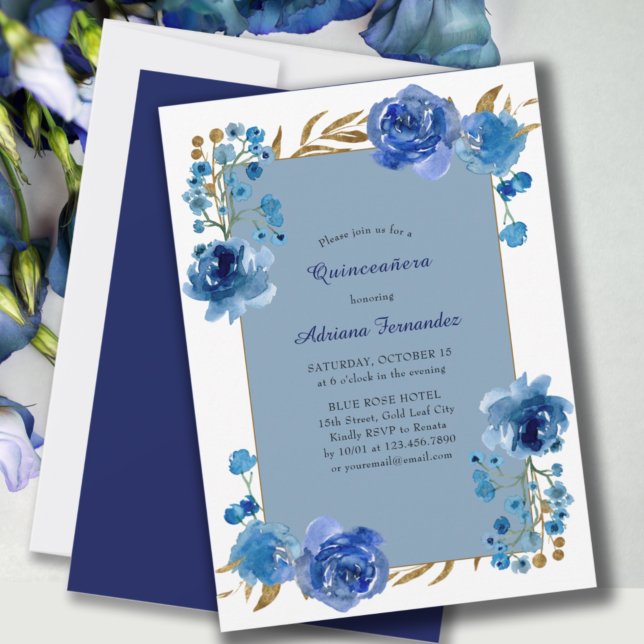 Invitation Rose bleu et feuille d'or Elégante Quinceanera flo (Créateur téléchargé)
