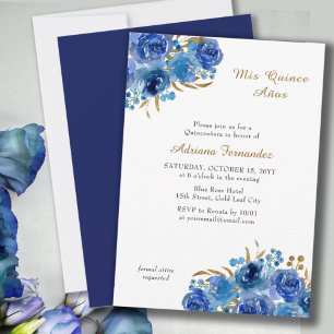 Invitation Rose bleu et feuille d'or Quince Anos Quinceanera