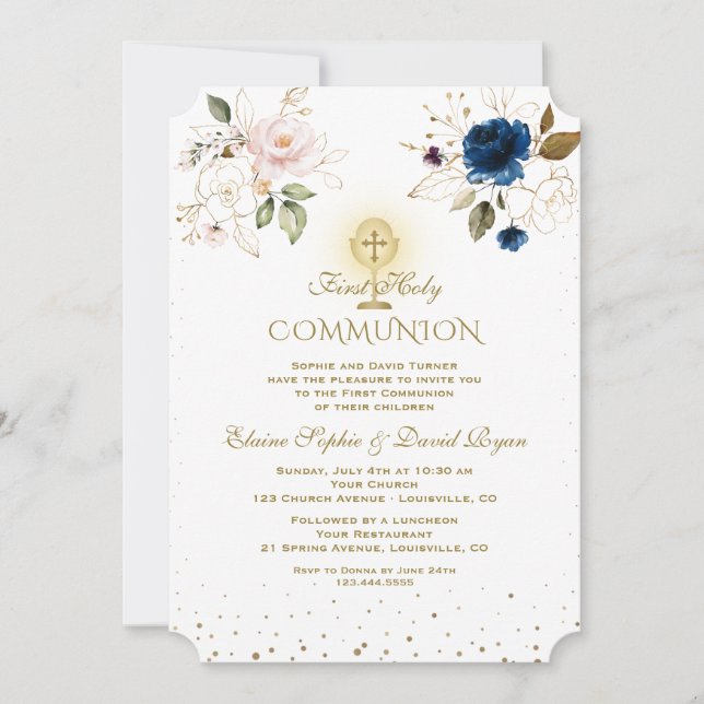 Invitation Rose bleu Floral Or Twins Première Communion Saint (Devant)
