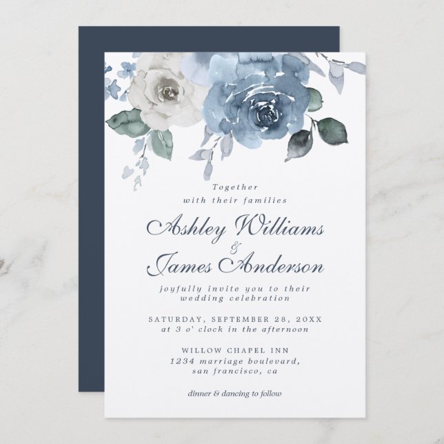 Invitation Rose bleu foncé ivoire Mariage floral (Devant / Derrière)