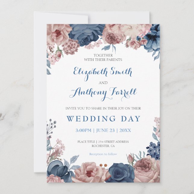 Invitation Rose bleu marine Aquarelle Mauve Mariage floral (Devant)
