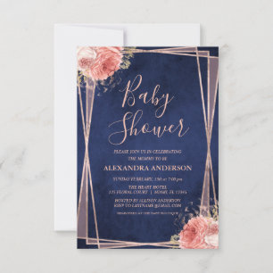 Invitation Rose bleu marine Baby shower Floral or