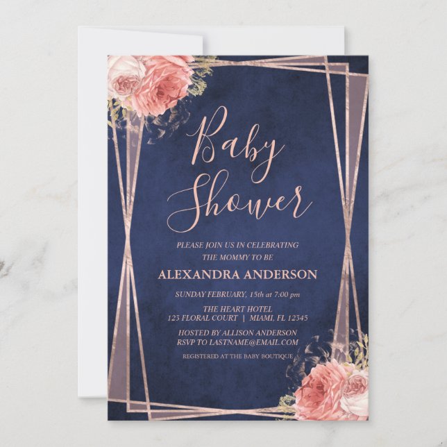 Invitation Rose bleu marine Baby shower Floral or (Devant)