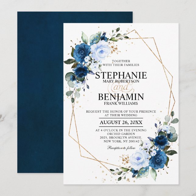 Invitation Rose bleu marine Boho Mariage géométrique (Devant / Derrière)