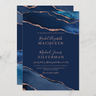 Invitation Rose bleu marine Gold Agate Marbre Mariage Invitat