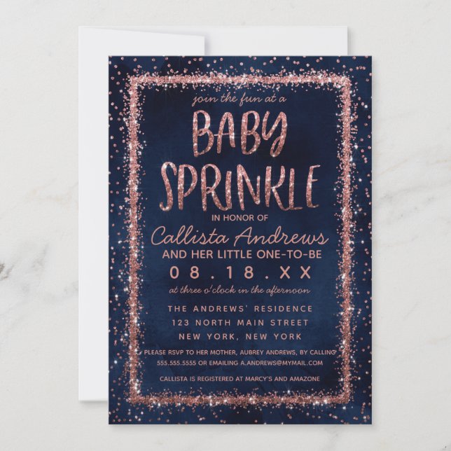 Invitation Rose bleu marine Gold Confetti Baby Sprinkle Douch (Devant)