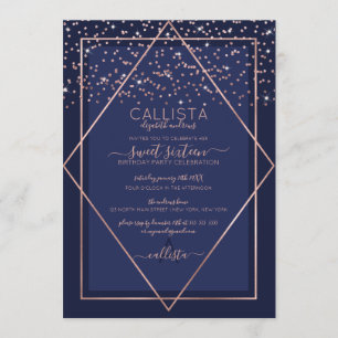 Invitation Rose bleu marine Gold Confetti Bordure Sweet 16