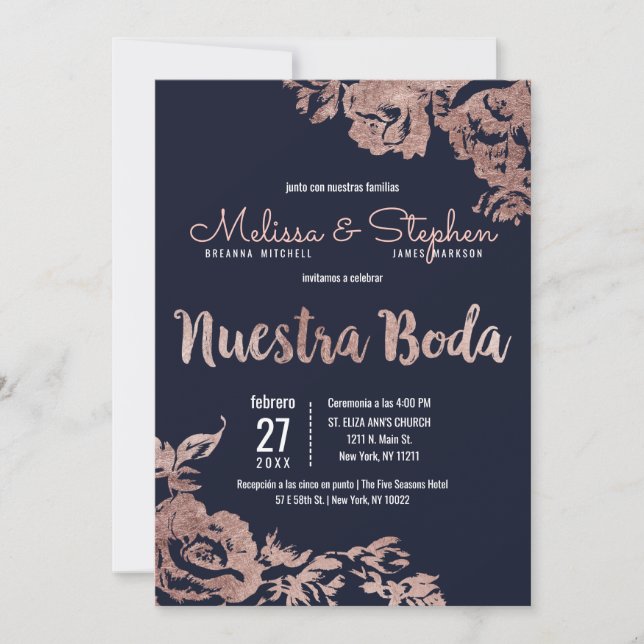 Invitation Rose bleu marine Gold Floral Mariage espagnol (Devant)