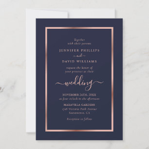 Invitation Rose bleu marine Mariage de cadre d'or