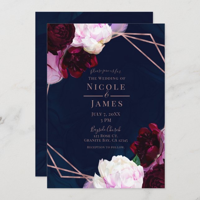 Invitation Rose bleu marine or Floral moderne Glam Mariage (Devant / Derrière)