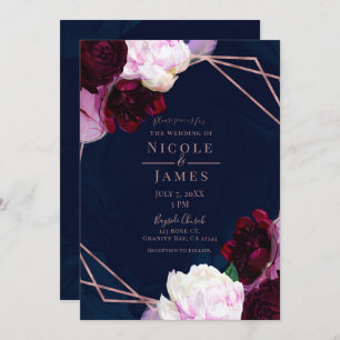 Invitation Rose bleu marine or Floral moderne Glam Mariage