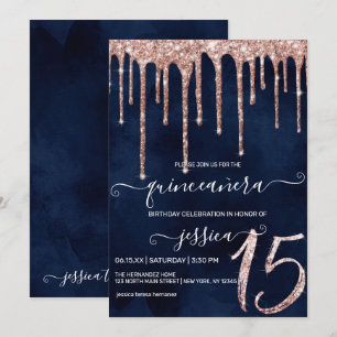Invitation Rose bleu marine Parties scintillant or décharges 