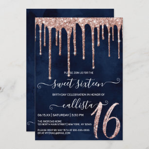 Invitation Rose bleu marine Parties scintillant or gouttes Sw
