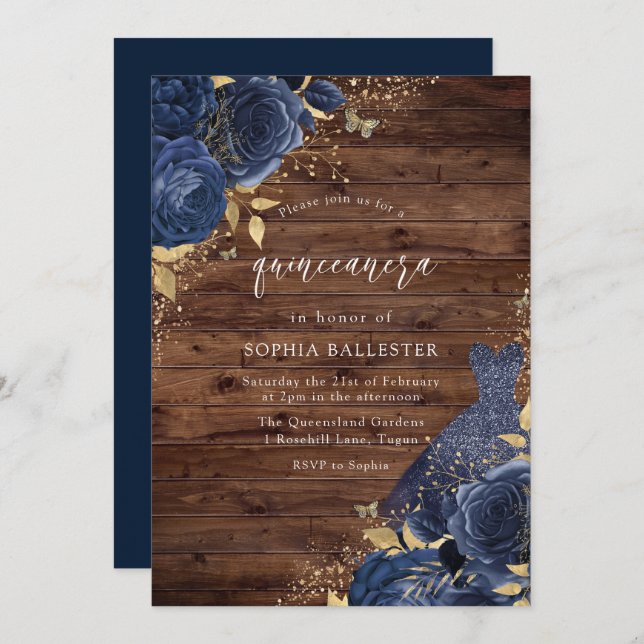 Invitation Rose bleu marine robe or Rustique Quinceanera Part (Devant / Derrière)