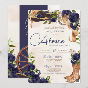 Invitation Rose bleu marine Vintage Charro Western Quinceañer