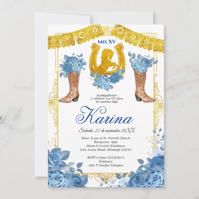 Invitation Rose bleu Mexicain Charra 15 Quinceanera Invitatio (Devant)