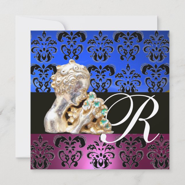 INVITATION ROSE, BLEU, NOIR, VIOLET, DAMAS JEWEL MONOGRAMME (Devant)