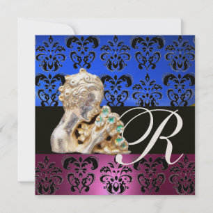 INVITATION ROSE, BLEU, NOIR, VIOLET, DAMAS JEWEL MONOGRAMME