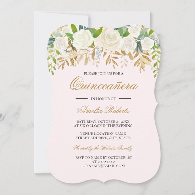 Invitation Rose Bleu Or Floral Feuille Aquarelle Quinceanera (Devant)