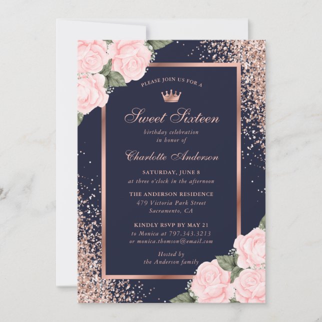 Invitation Rose bleu Or Floral Sweet 16 Anniversaire (Devant)