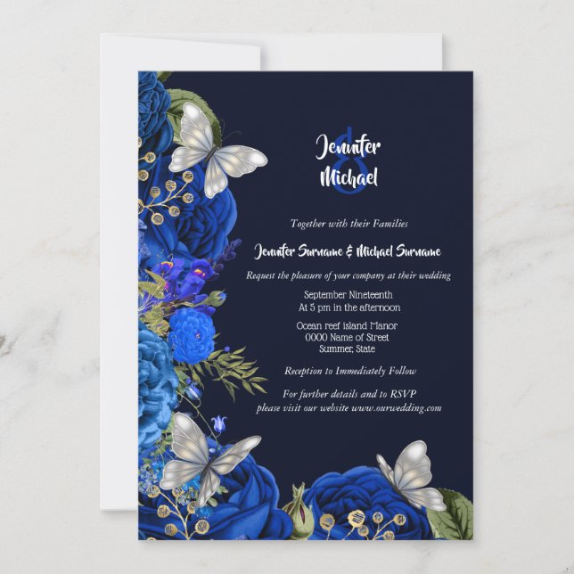 Invitation Rose bleu papillon royal mariage de feuillage (Devant)