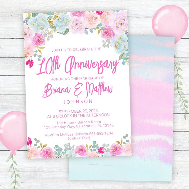 Invitation Rose Bleu Pêche Floral 10e Anniversaire de Mariage (Créateur téléchargé)