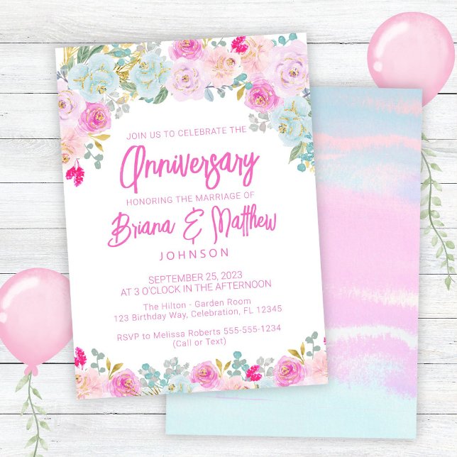 Invitation Rose Bleu Pêche Floral Mariage Anniversaire  (Créateur téléchargé)