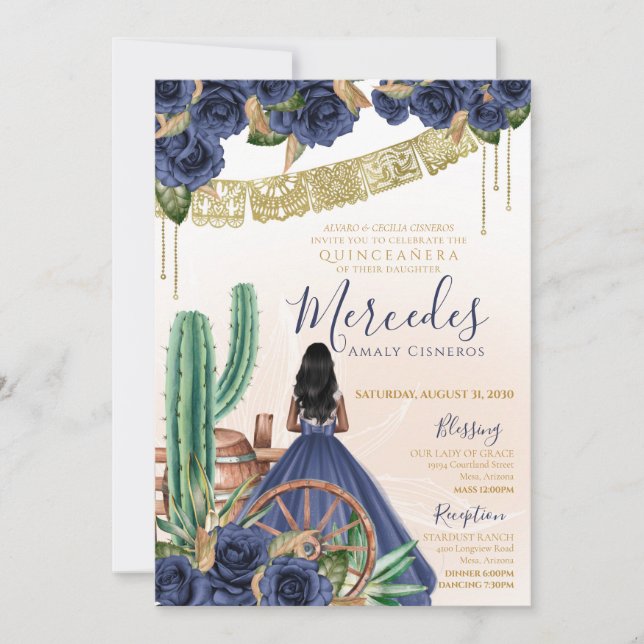 Invitation Rose Bleu Russe Ouest Charro Quinceanera (Devant)