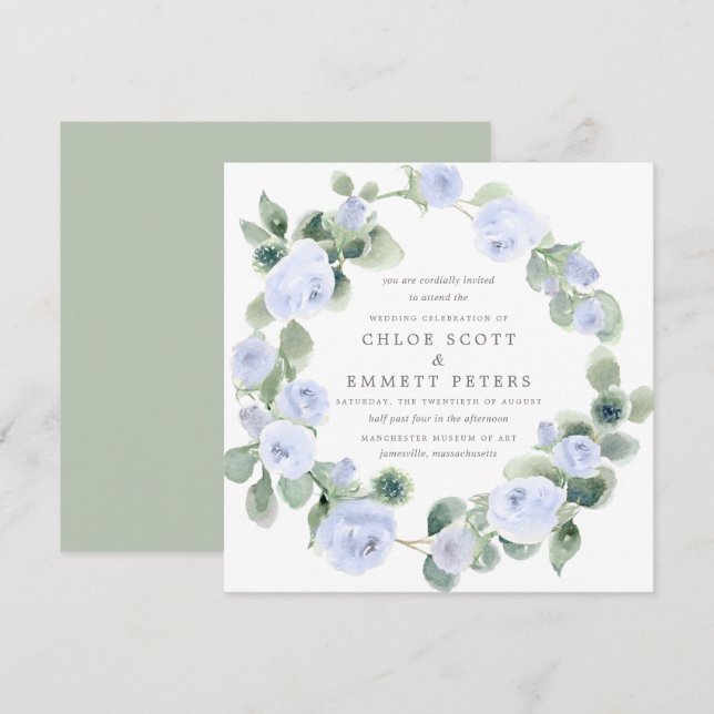 Invitation Rose bleu rustique Floral Eucalyptus Mariage (Devant / Derrière)