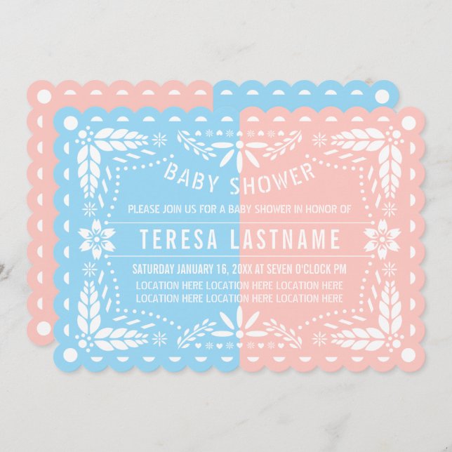 Invitation Rose, bleu sexe révéler papille picado baby shower (Devant / Derrière)