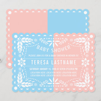 Invitation Rose, bleu sexe révéler papille picado baby shower