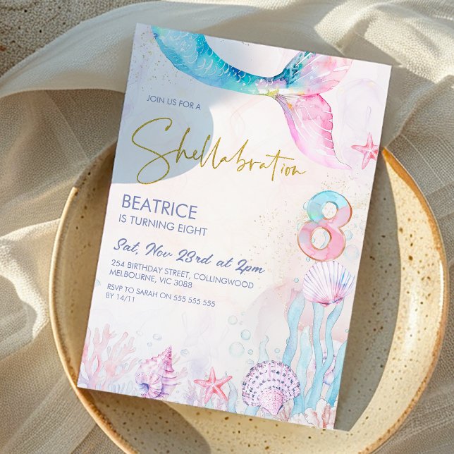 Invitation Rose Bleu Sous la Mer Shellabrate 8e Anniversaire (Let's Shellabrate 8th Birthday Invitation Mermaid Tail Under the Sea, Seashells Pink Blue Whimsical)