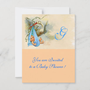 INVITATION ROSE BLEU STORK BÉBÉ GARÇON DOUCHE MONOGRAM